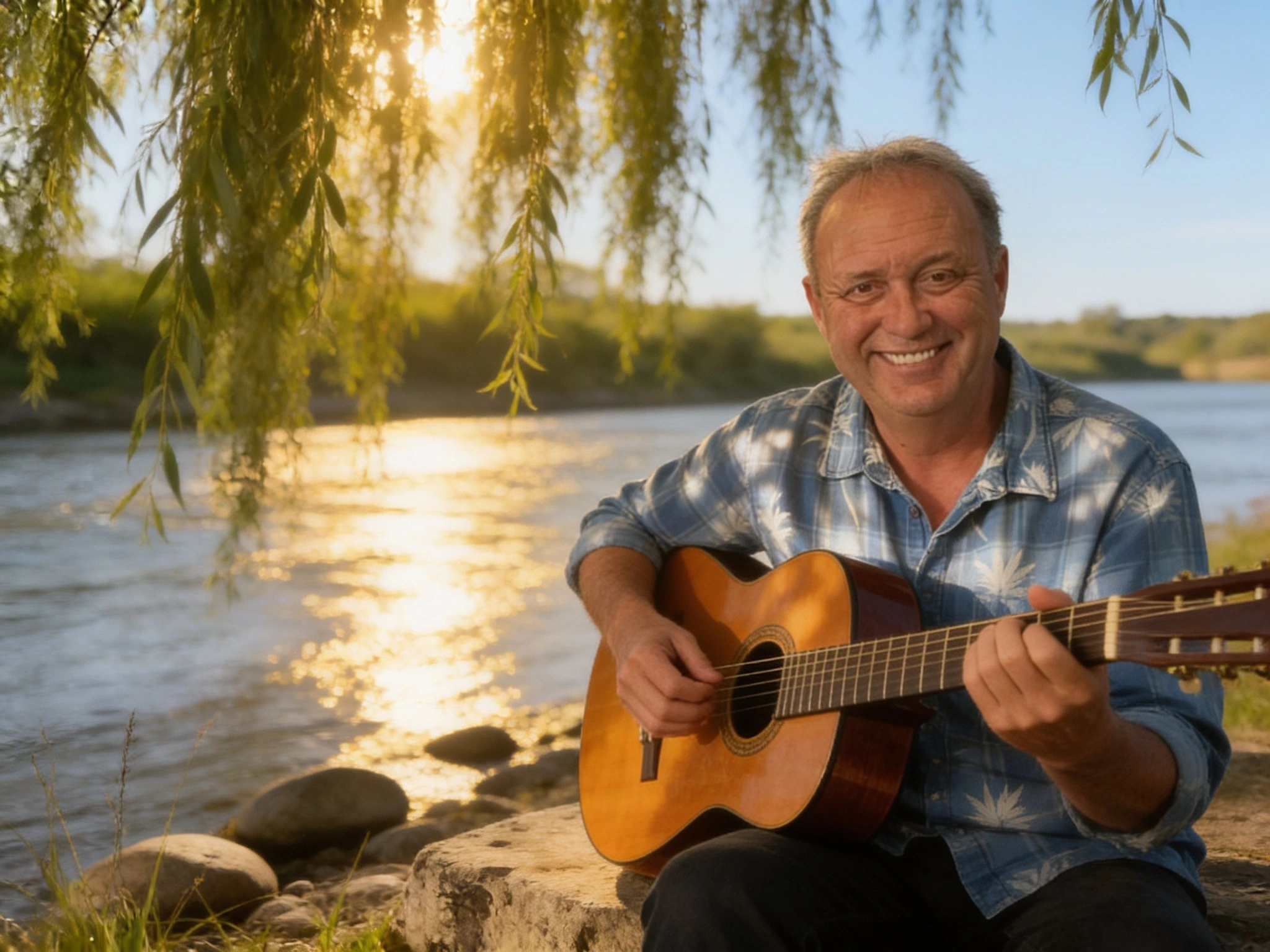 Peter Ernst smiling and playing acoustic guitar beside the river at sunset